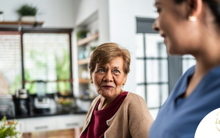 Caregiver provides attentive senior care as part of diabetes awareness