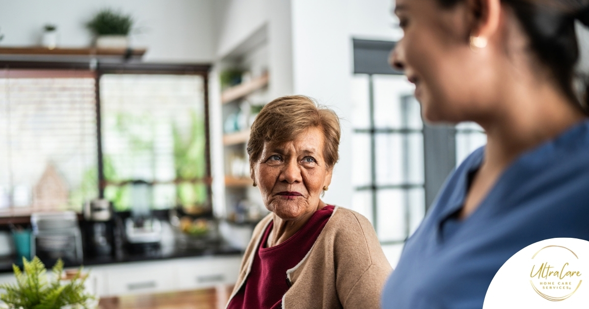 Caregiver provides attentive senior care as part of diabetes awareness