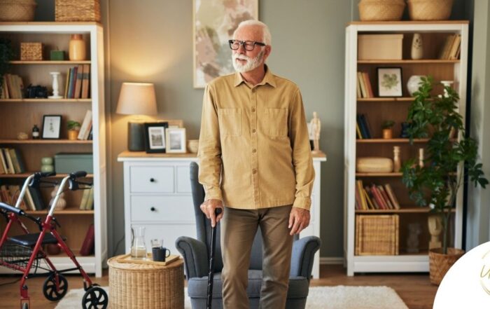 Exploring fall prevention for seniors — an elderly man stands in a safely arranged room.