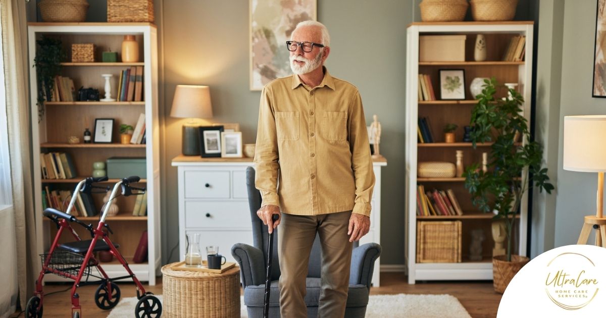 Exploring fall prevention for seniors — an elderly man stands in a safely arranged room.